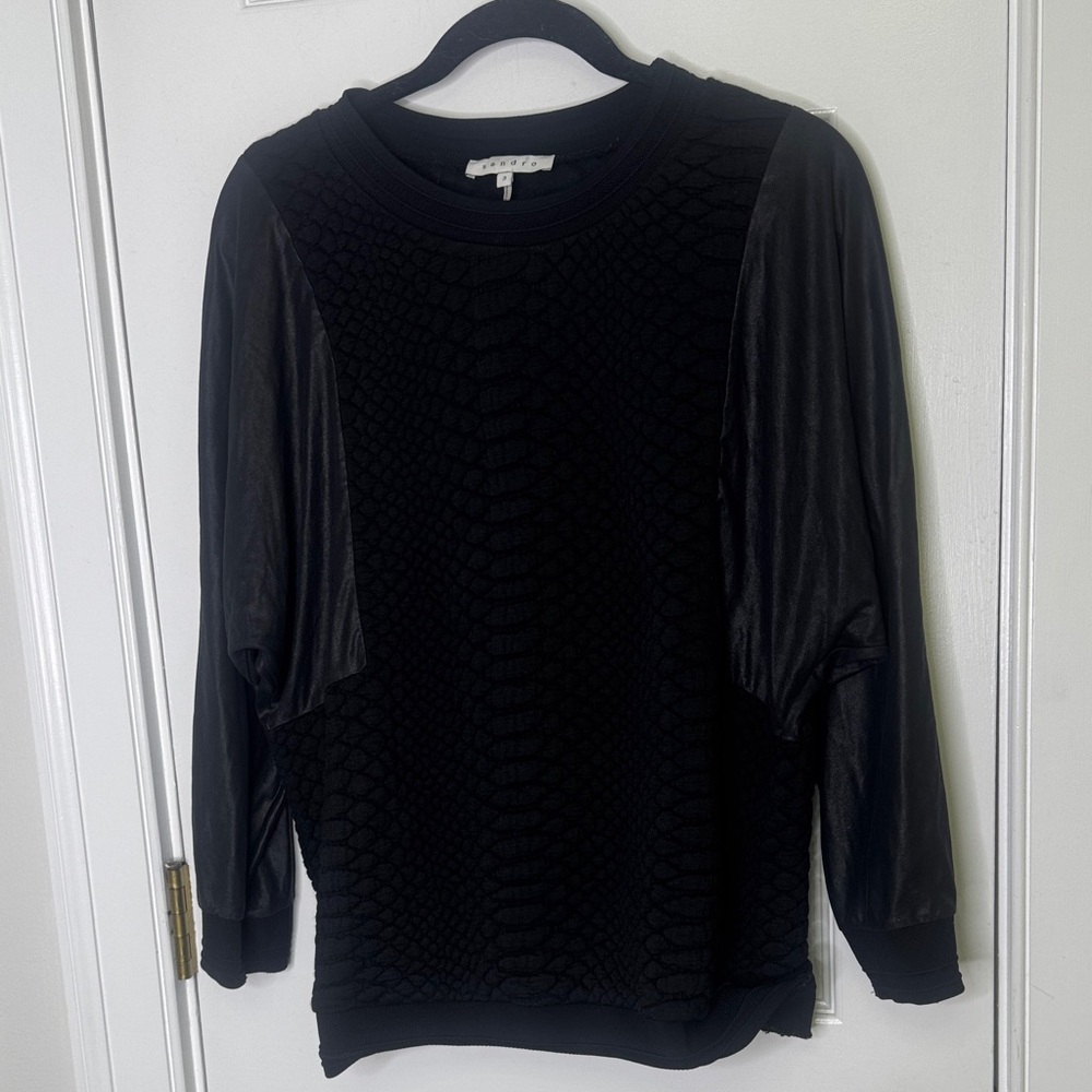 💫Sandro Paris Black Mixed Media Top Faux Leather Sleeves Size M 💫